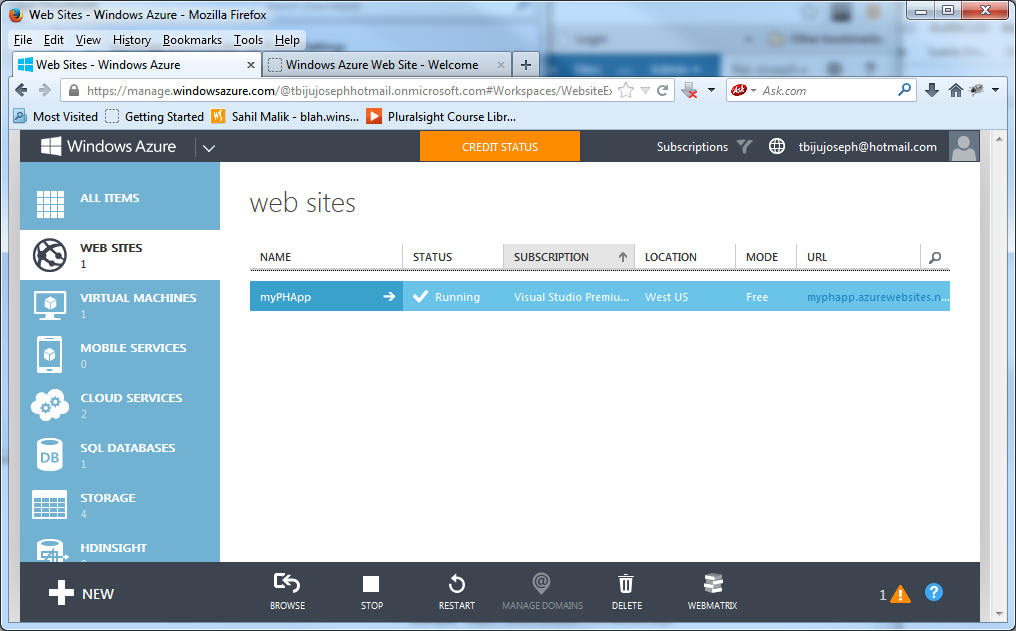 windows Azure management portal 